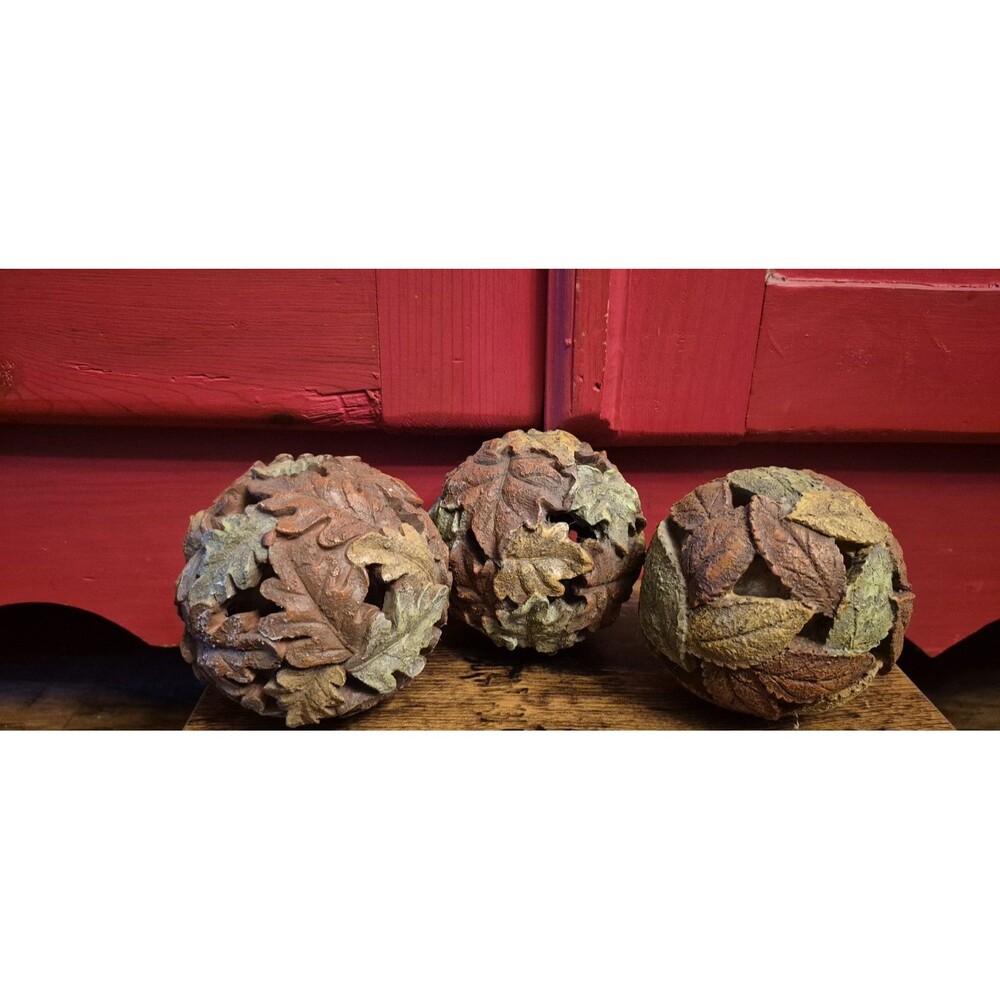 Set Of 3 Leaf Themed Decorative Balls Fall Thanksgiving Table Home Decor EUC